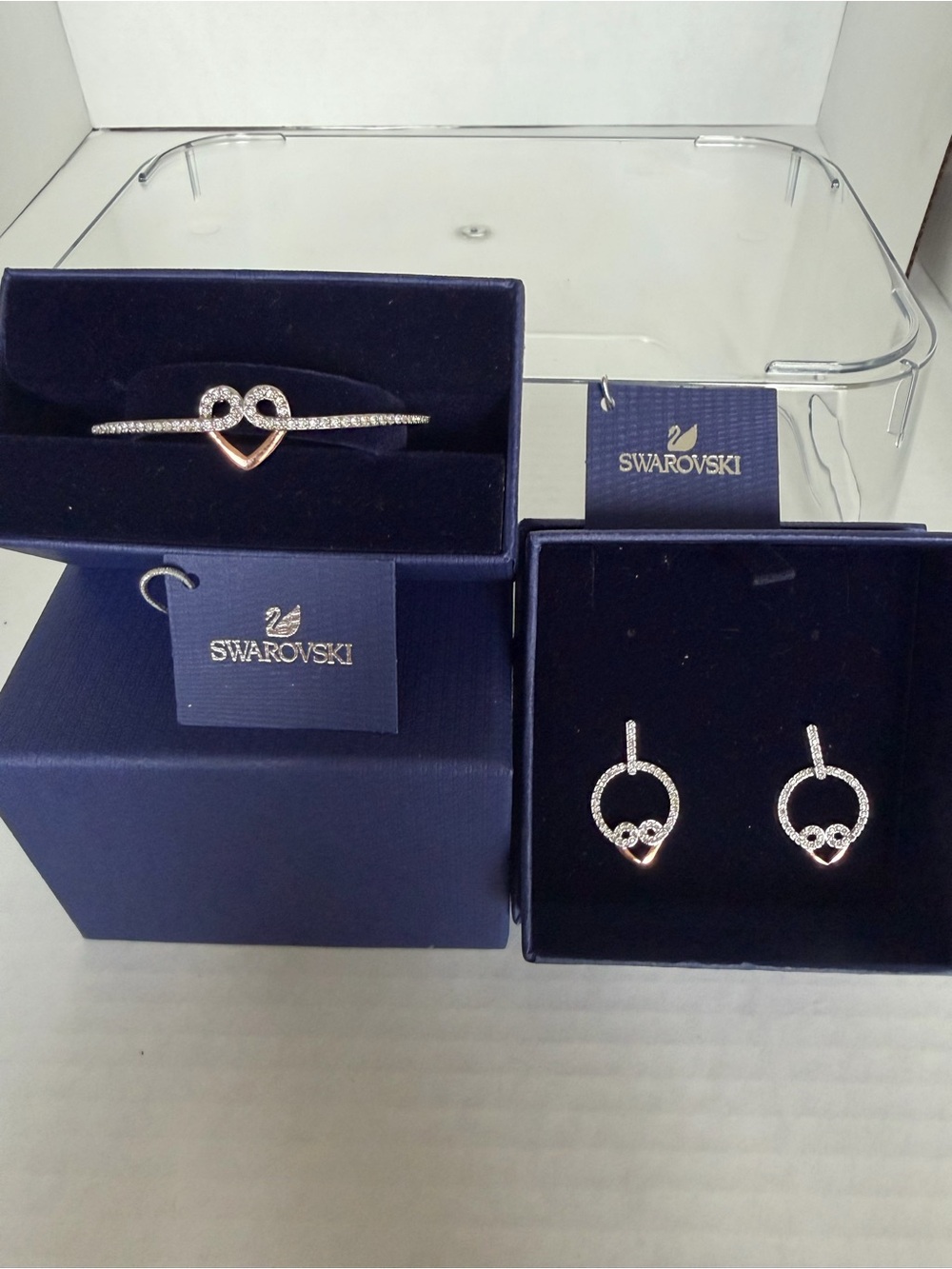 Swarovski Rose Gold and Clear Crystal Heart Bracelet and Earrings Set NIB